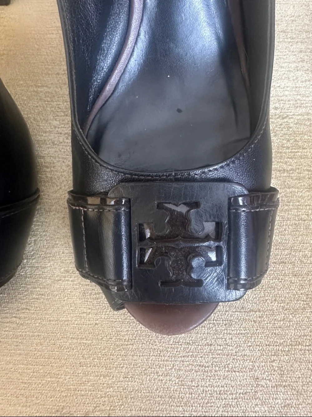 Tory Burch Black Leather Slingback Peep-Toe Heels with Buckle Detail Size 8.5